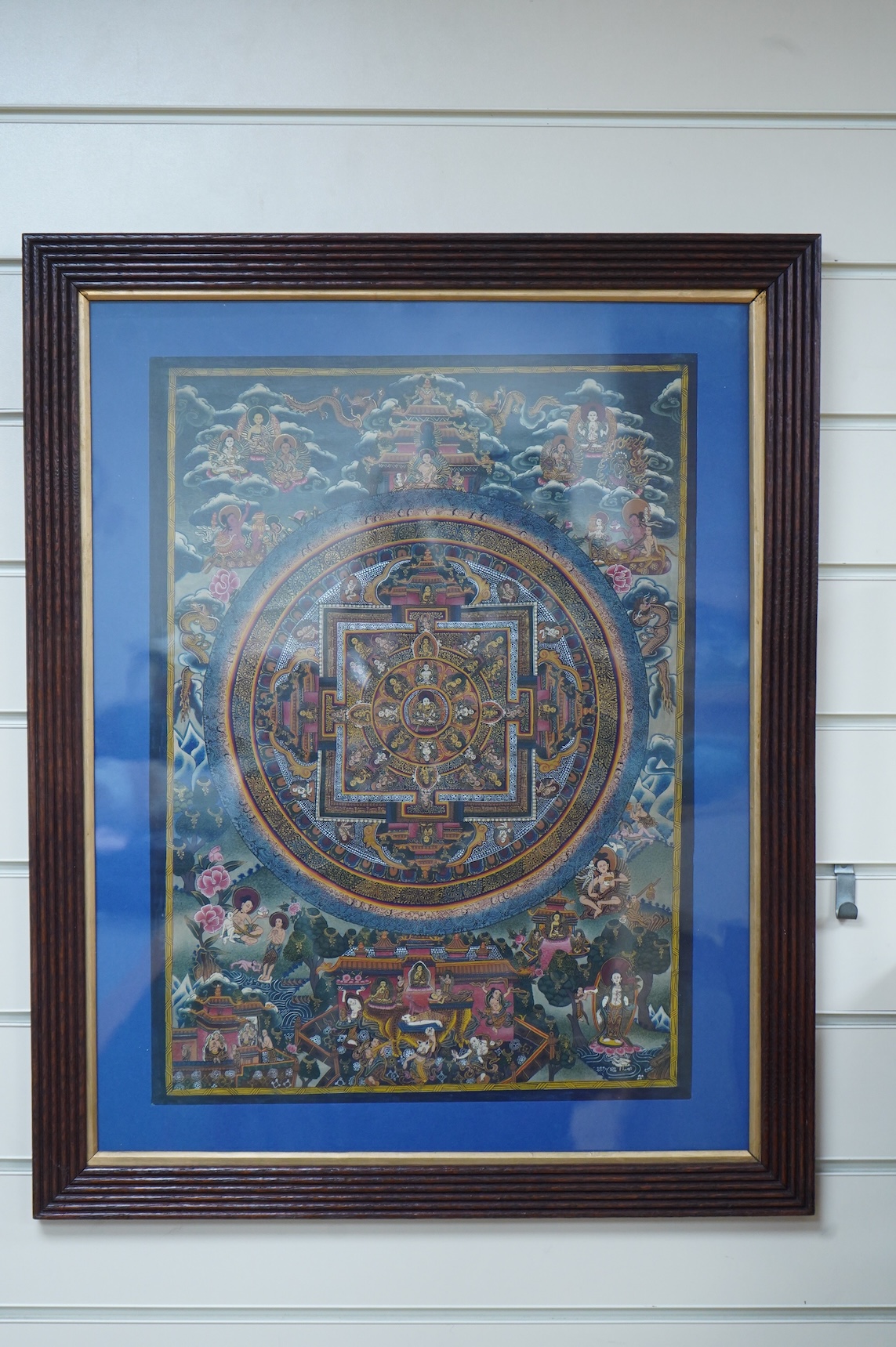 A 20th century Buddhist Thangka of Avalokiteshivara, the Bodhisattva of Compassion, this Thangka mandala used for enlightenment and meditation, 43cm wide x 56cm high. Condition - good. Provenance - bought in Nepal